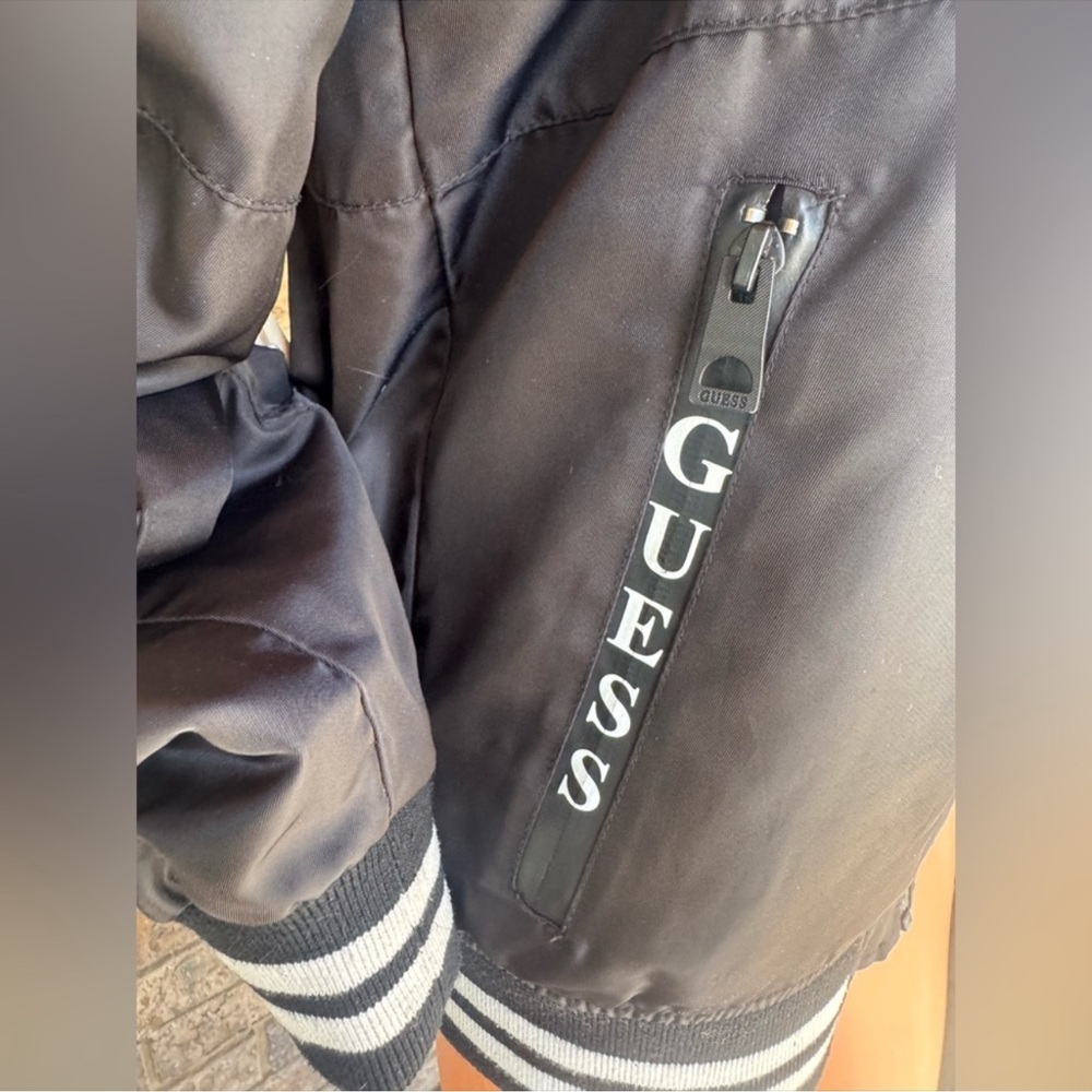 GUESS Black Satin Varsity Bomber Jacket Striped Trim Women’s Small - Picture 5 of 6